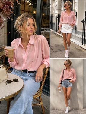 Vintage Chagall Women's Light Pink Pleated Button-Up Blouse